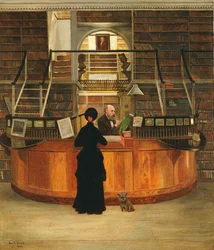 Das Innere der Logan-Bibliothek in Philadelphia, mit dem Bibliothekar Lloyd Pearsall Smith an seinem Schreibtisch